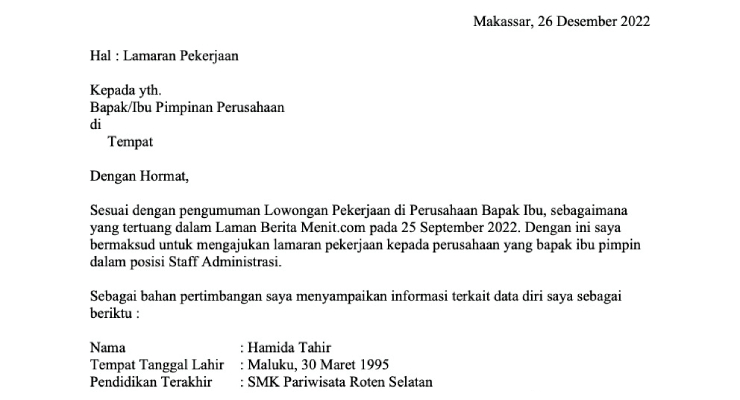 Contoh Surat Lamaran Kerja Tanpa Nama Perusahaan Atau Pt Matamu