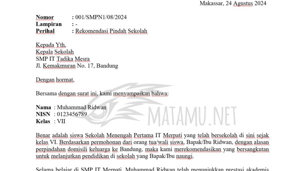 Contoh Surat Rekomendasi Pindah Sekolah Matamu