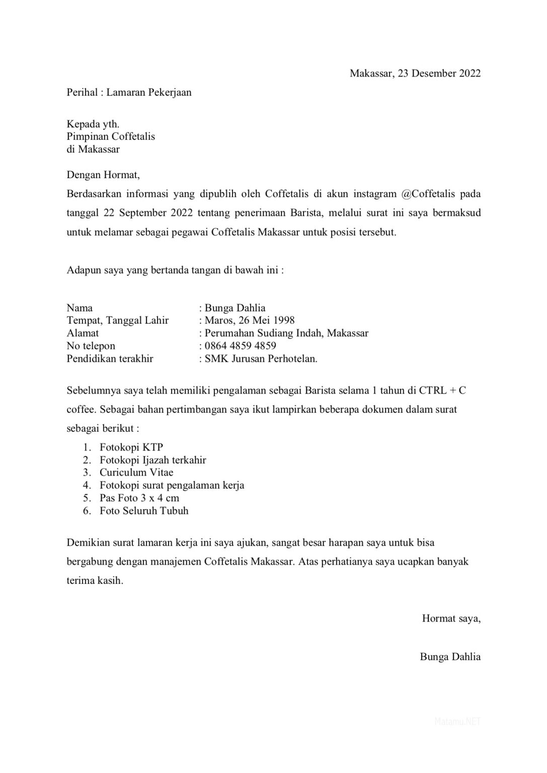 Cara membuat Surat Lamaran Kerja Barista - matamu