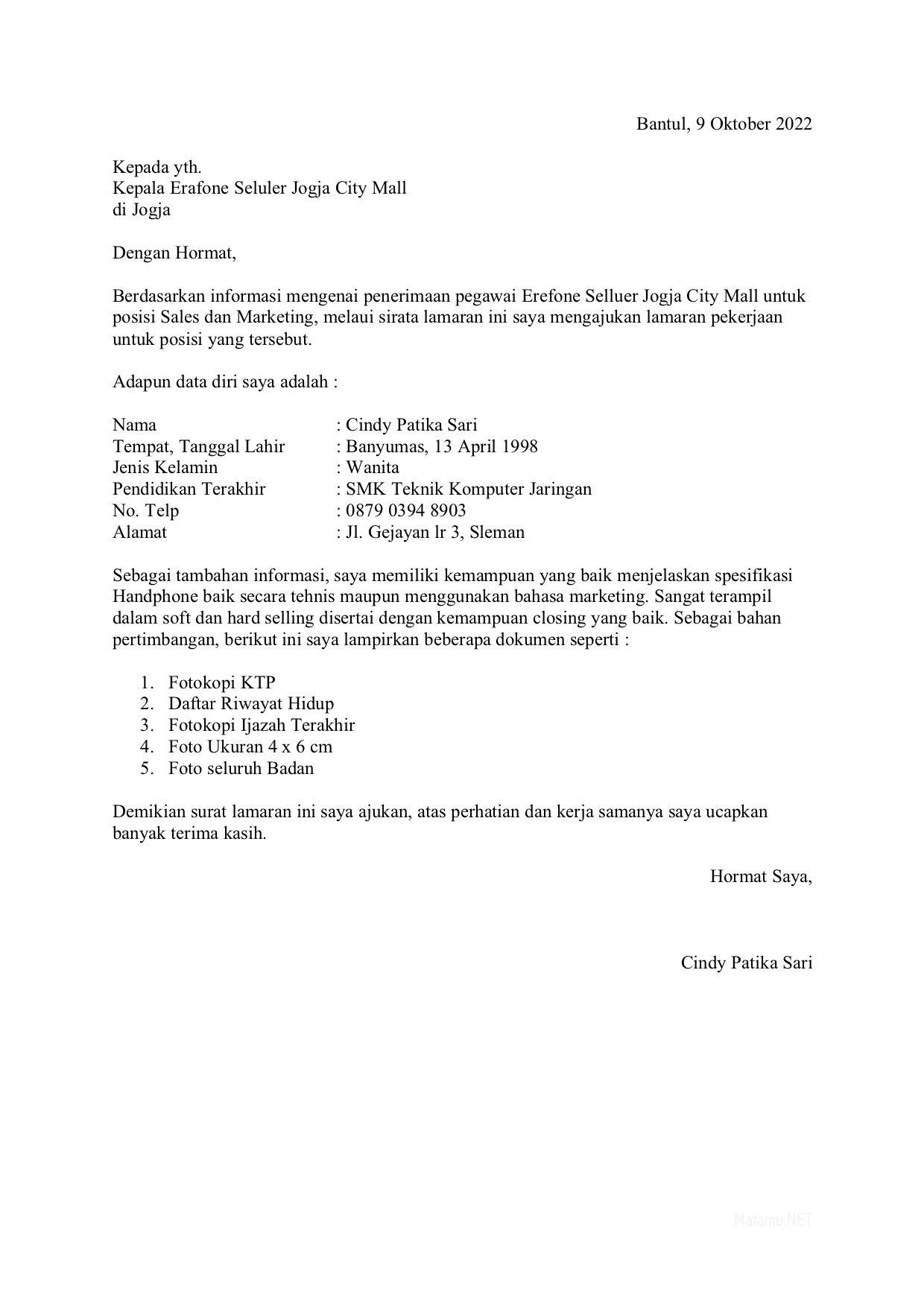 Contoh Surat Lamaran Kerja Sebagai SPG atau Pramuniaga Matamu