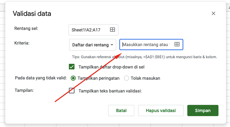 Kotak Dialog Menu Spreadsheet di Excel 