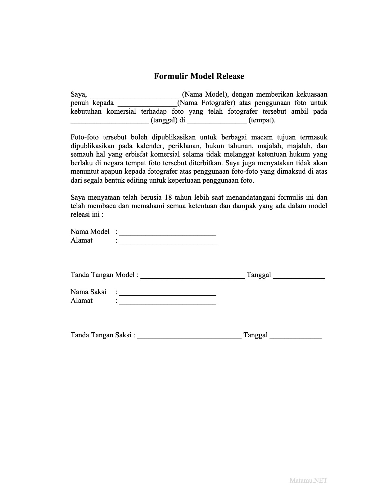 Stock Photo - Contoh Model Release Dalam Bahasa Indonesia - Matamu