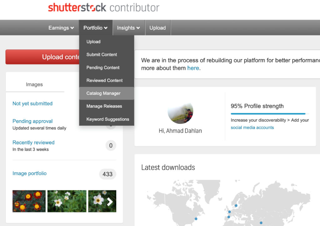 Menu Catalog manager di Shutterstock