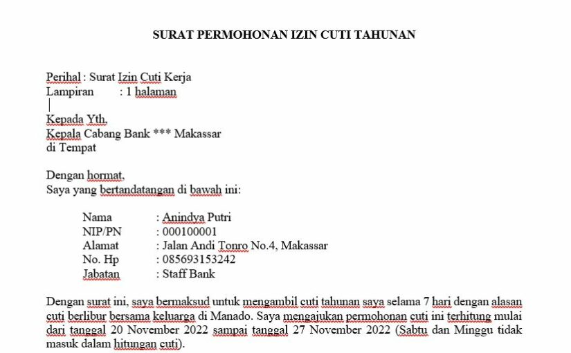 Contoh Surat Cuti Kerja Tahunan Untuk Pegawai Bank 2022
