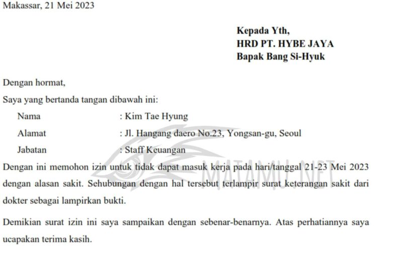 Contoh Surat Izin Tidak Masuk Kerja