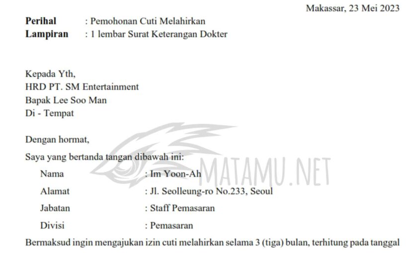 Contoh Surat Permohan Cuti Melahirkan Karyawan Swasta