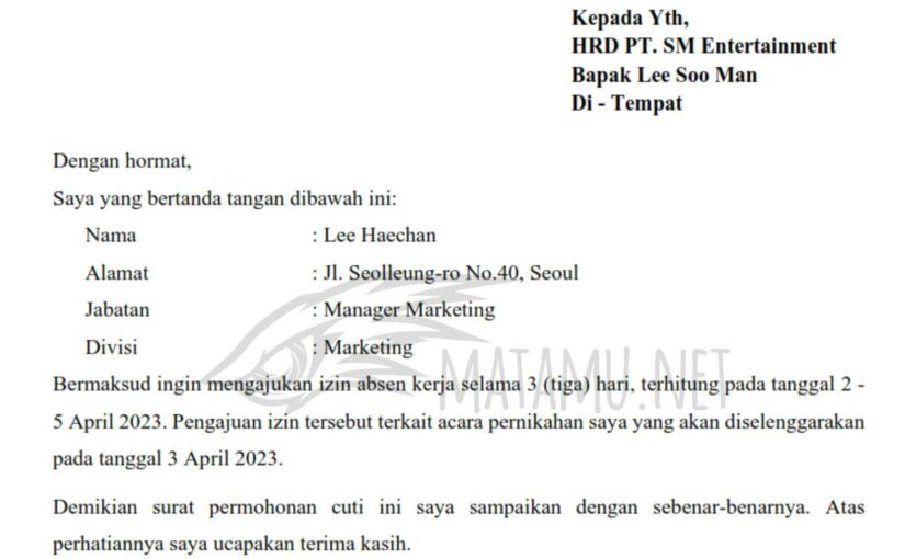 Contoh Surat Permohonan Cuti Menikah