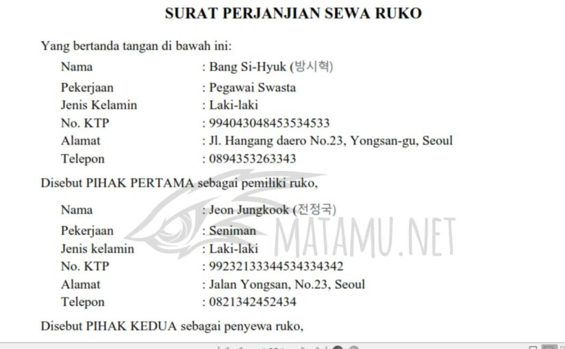 Contoh Surat Perjanjian Sewa Ruko
