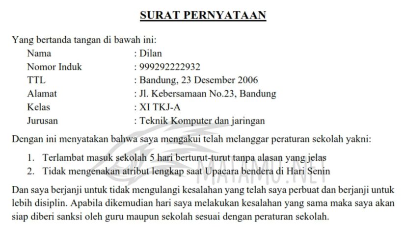 Contoh Surat Pernyataan Siswa Bermasalah di Sekolah
