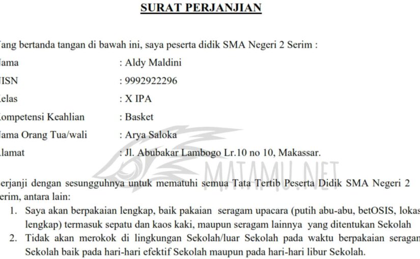 Contoh Surat Perjanjian Peserta Didik Baru