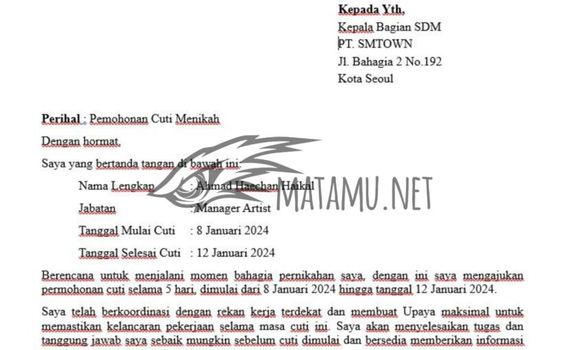 Contoh Surat Cuti Menikah Karyawan