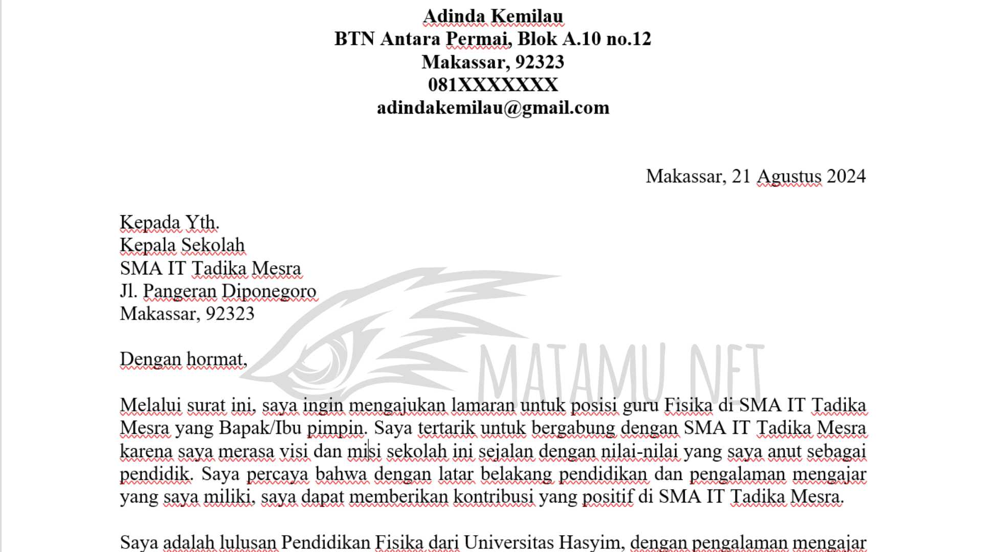 Contoh Surat Melamar Jadi Guru di Sekolah Swasta