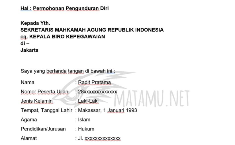 Contoh Surat Permohonan Pengunduran Diri dari CPNS Mahkamah Agung RI 2024