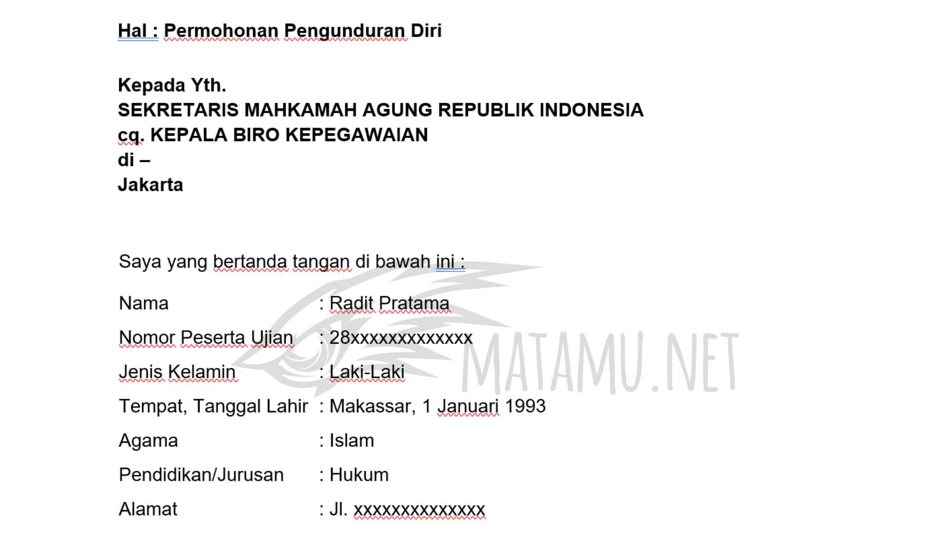 Contoh Surat Pengunduran Diri CPNS MA RI