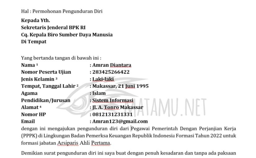 Contoh Surat Mengundurkan Diri dari PPPK BPK