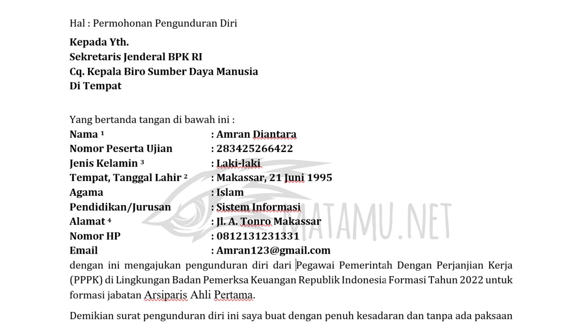 Contoh Surat Pengunduran Diri PPPK BPK