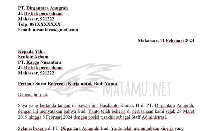 Contoh Surat Referensi Kerja