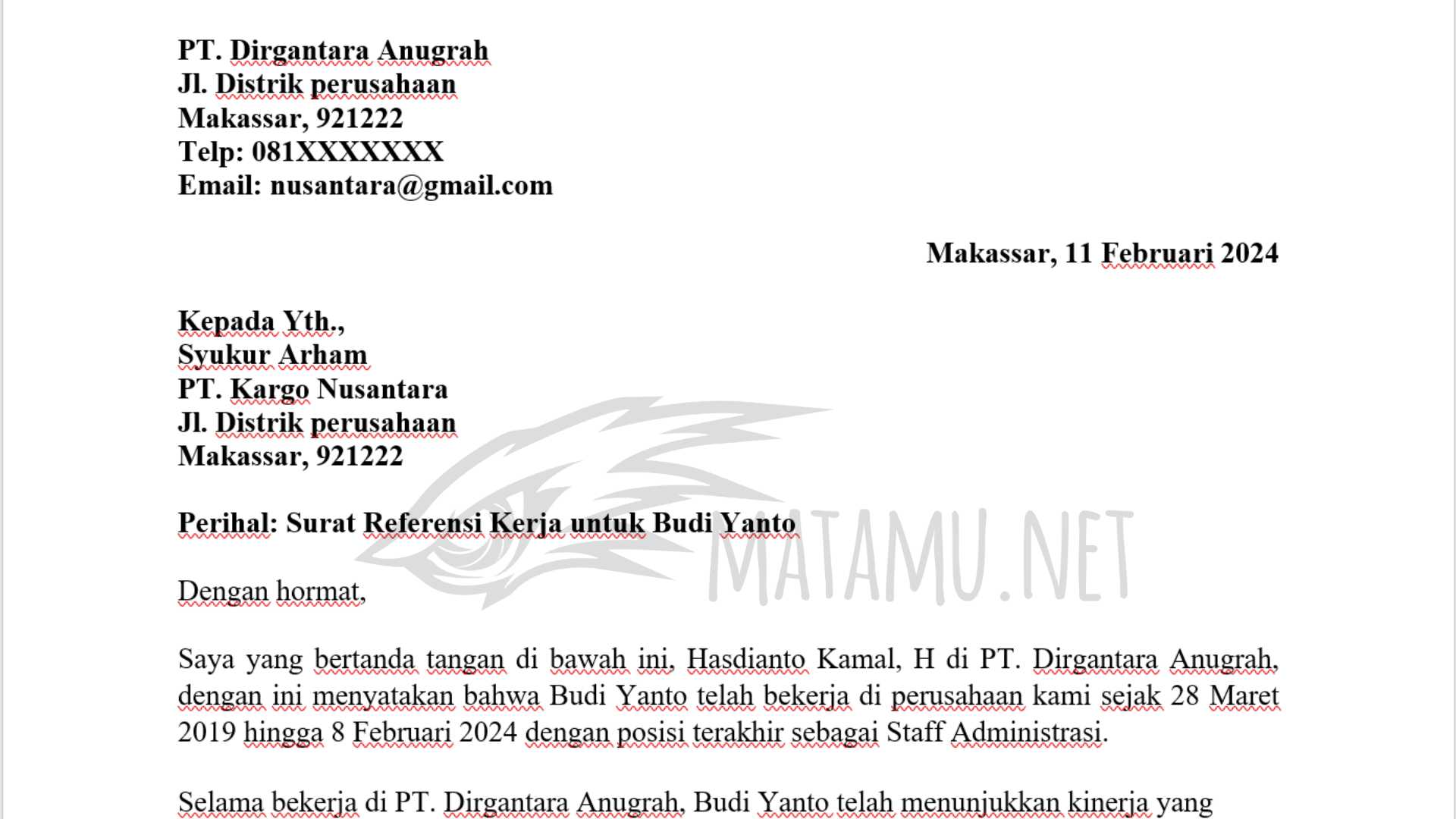 Contoh Surat Referensi Kerja