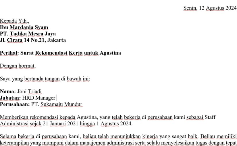 Contoh Surat Rekomendasi Kerja Beserta Format dan Manfaatnya