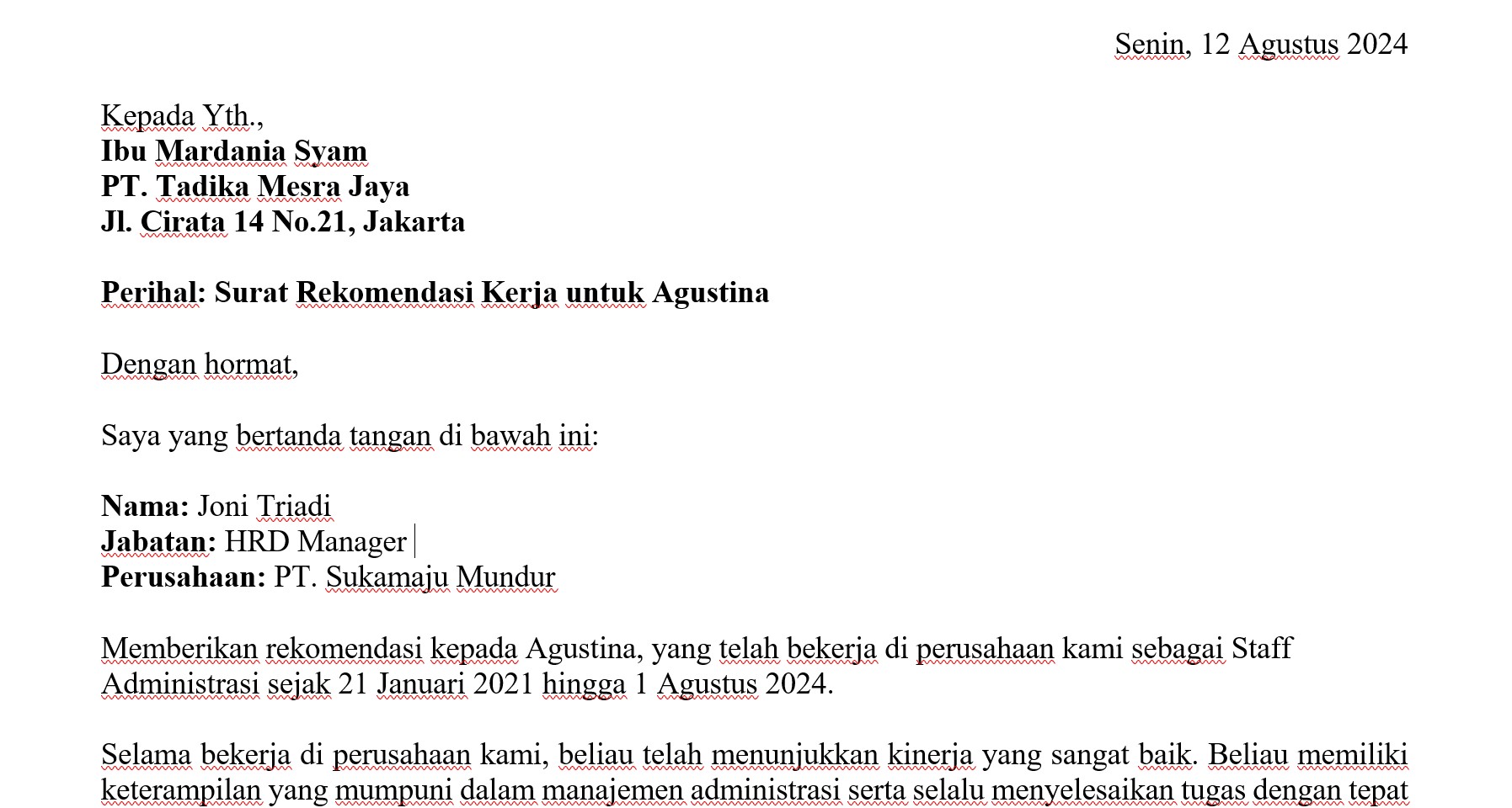 Contoh Surat Rekomendasi Kerja