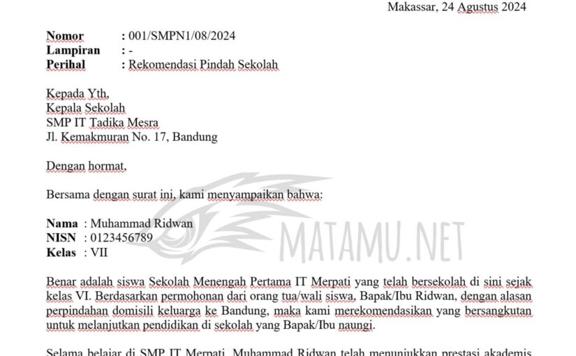 Contoh Surat Rekomendasi Pindah Sekolah