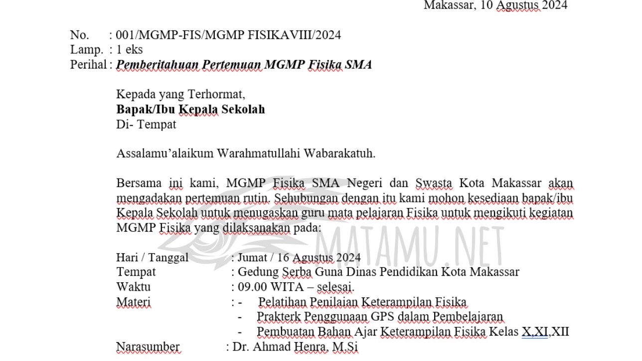 Contoh Surat Undangan Rapat MGMP