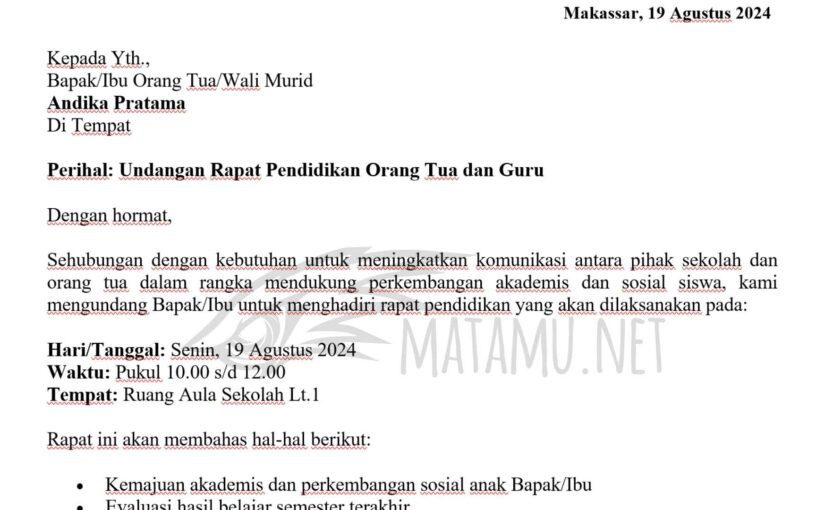 Contoh Surat Undangan Rapat Pendidikan Orang Tua Guru