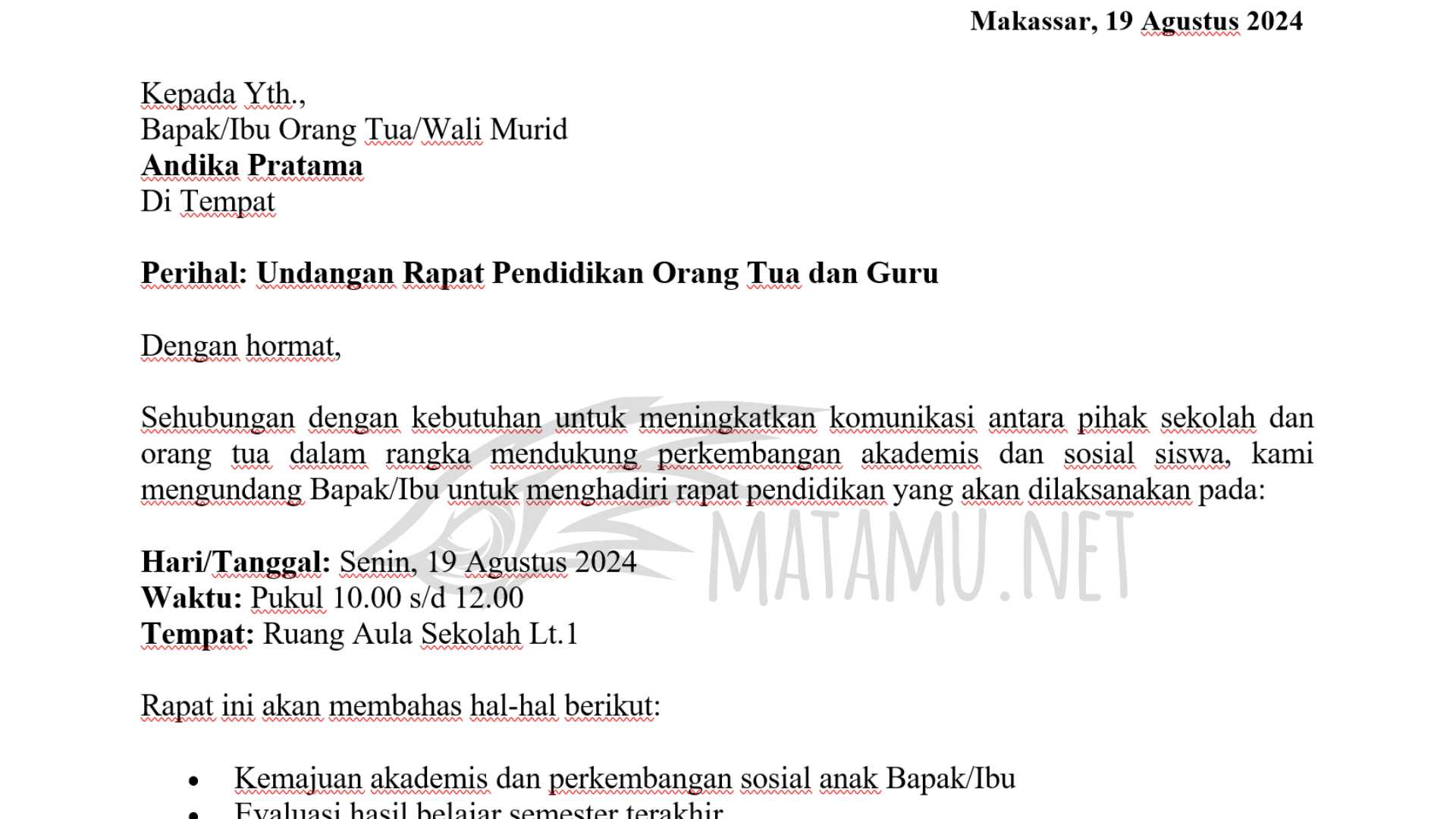 Contoh Surat Undangan rapat Pendidikan orang tua guru