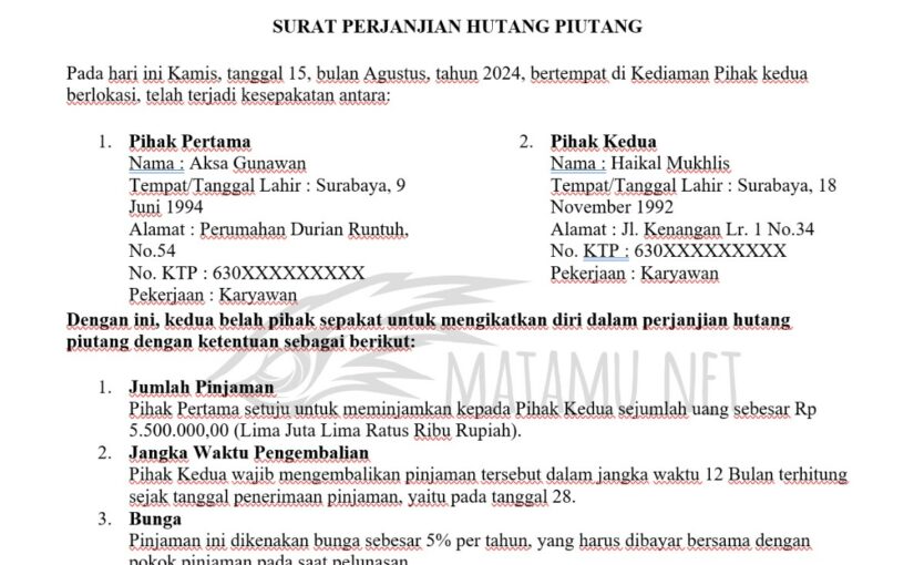 Contoh Surat Perjanjian Hutang Piutang