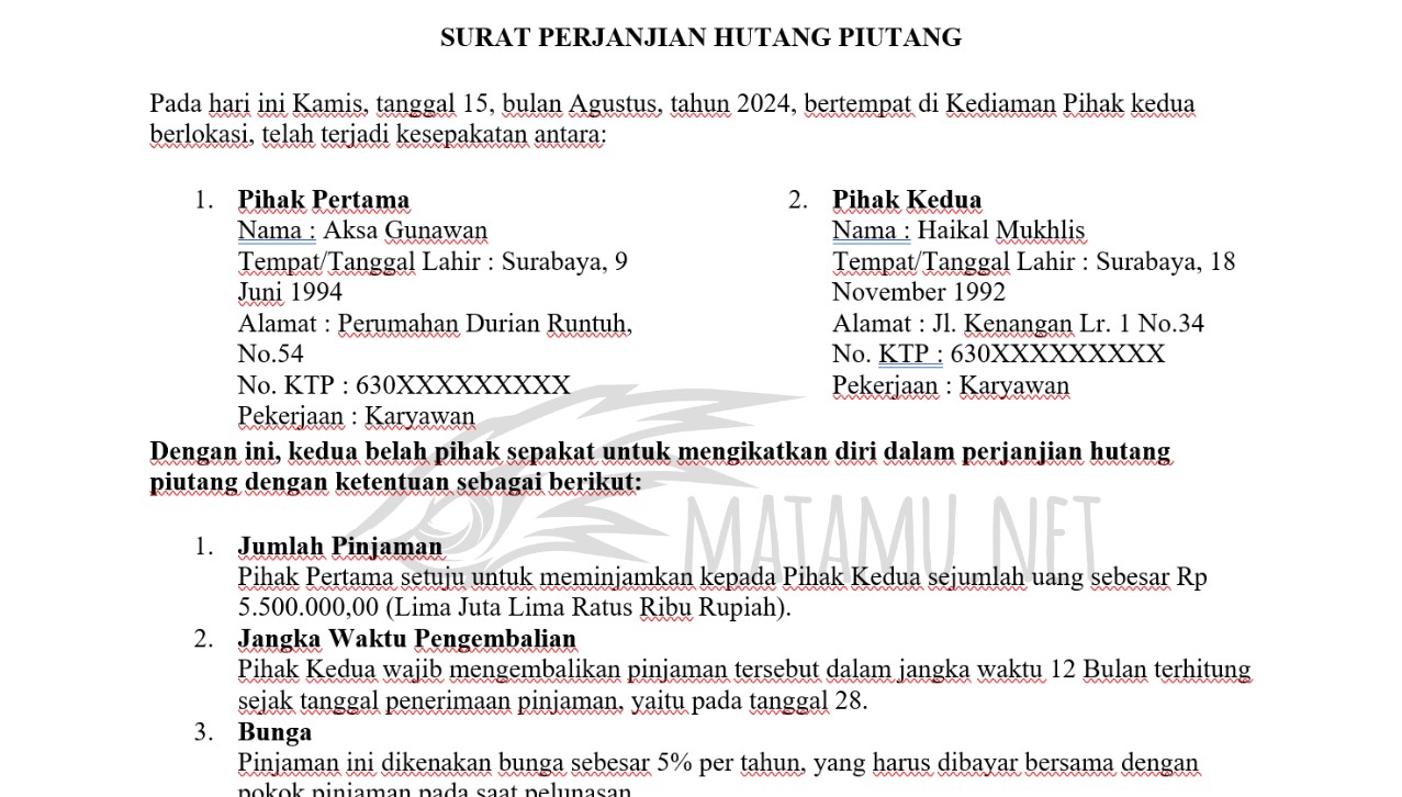 contoh surat hutang piutang