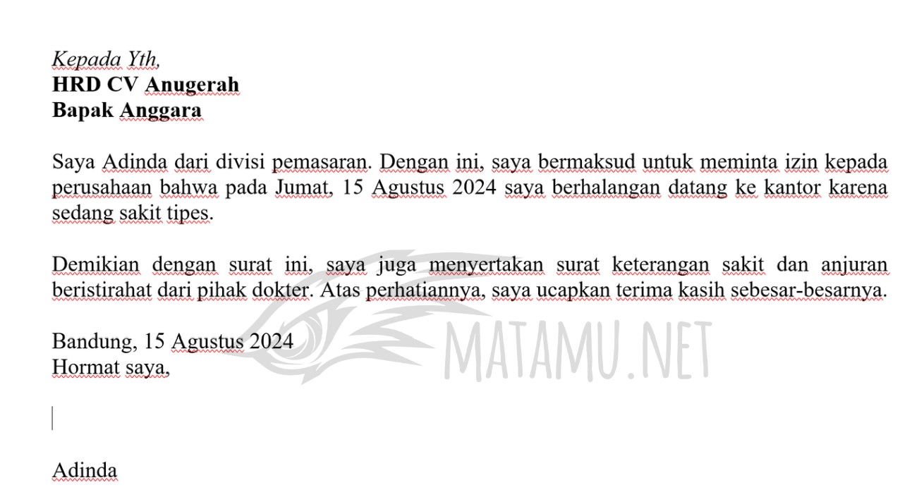 contoh surat keterangan sakit