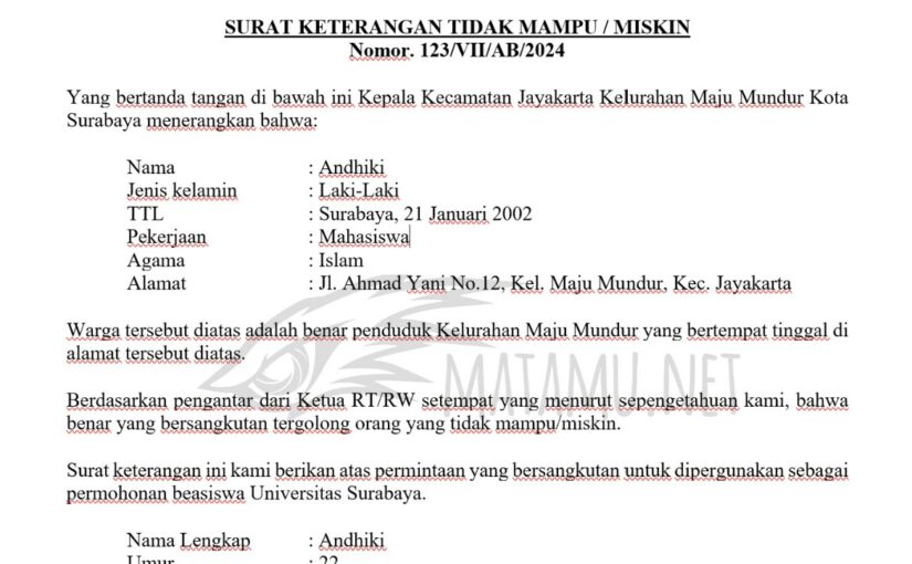 contoh surat keterangan tidak mampu