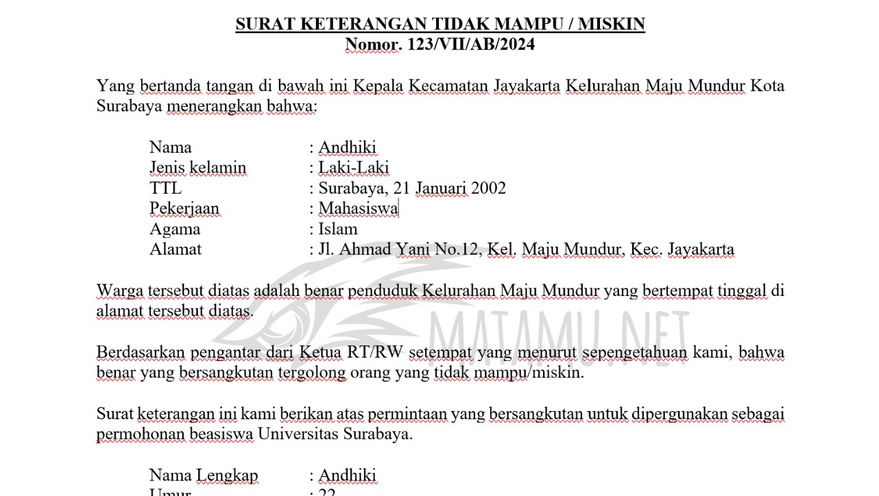 contoh surat keterangan tidak mampu