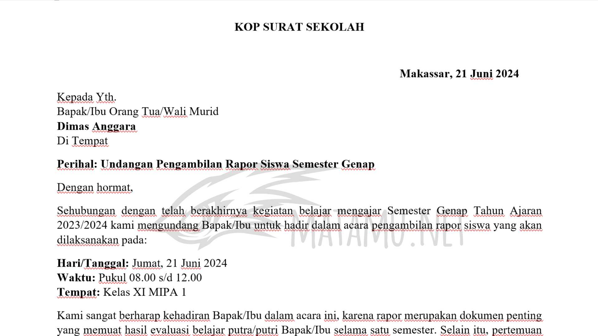 contoh surat pengambilan rapor